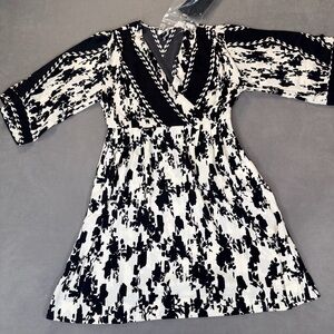 CAbi X Factor Mini Dress Small Black & White Floral-Faux Wrap/Flowy/Boho- NWOT